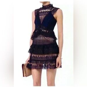 Self Portrait Teardrop Paneled Guipure Embellished Lace Blue Mini Dress 4